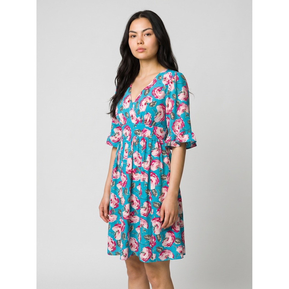 Betsey Johnson Blue Pink Floral Flutter Sleeve V-Neck Fit Flare Dress 6P 4P063